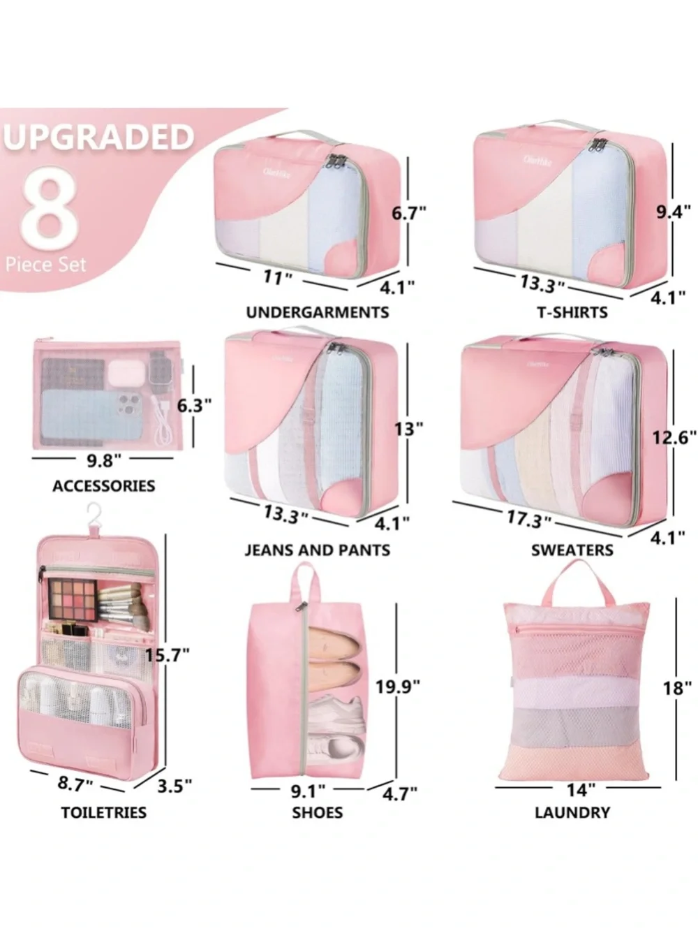 Pink Travel Packing Cubes and Cosmetic Organizer Set
